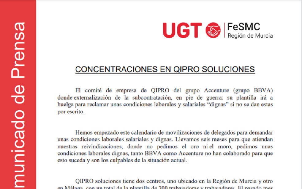Nueva movilización de los trabajadores y trabajadoras de Qi-PRO, empresa de servicios externalizada del BBVA