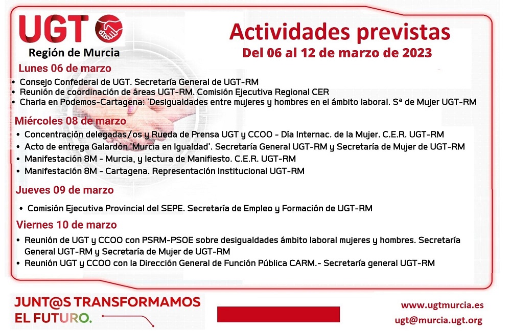 Actividades previstas por la C.E.R. de UGT-Región de Murcia – Semana del 06 al 12 de marzo 2023