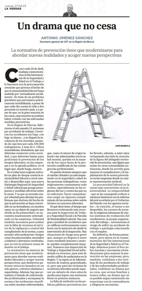 «Un drama que no cesa» – Artículo de opinión de Antonio Jiménez, Secretario general de UGT Región de Murcia