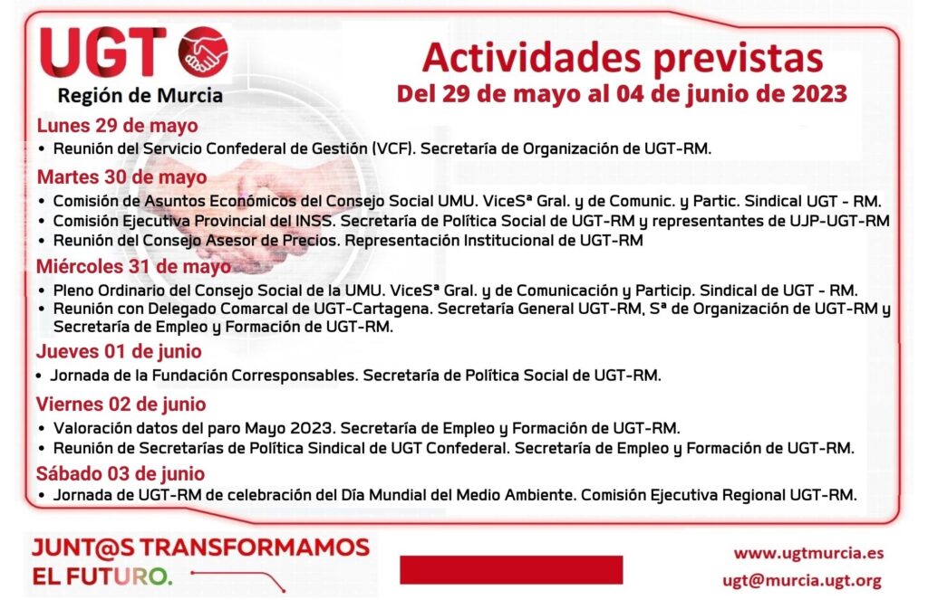 Actividades previstas del 29 de mayo al 04 de junio de 2023