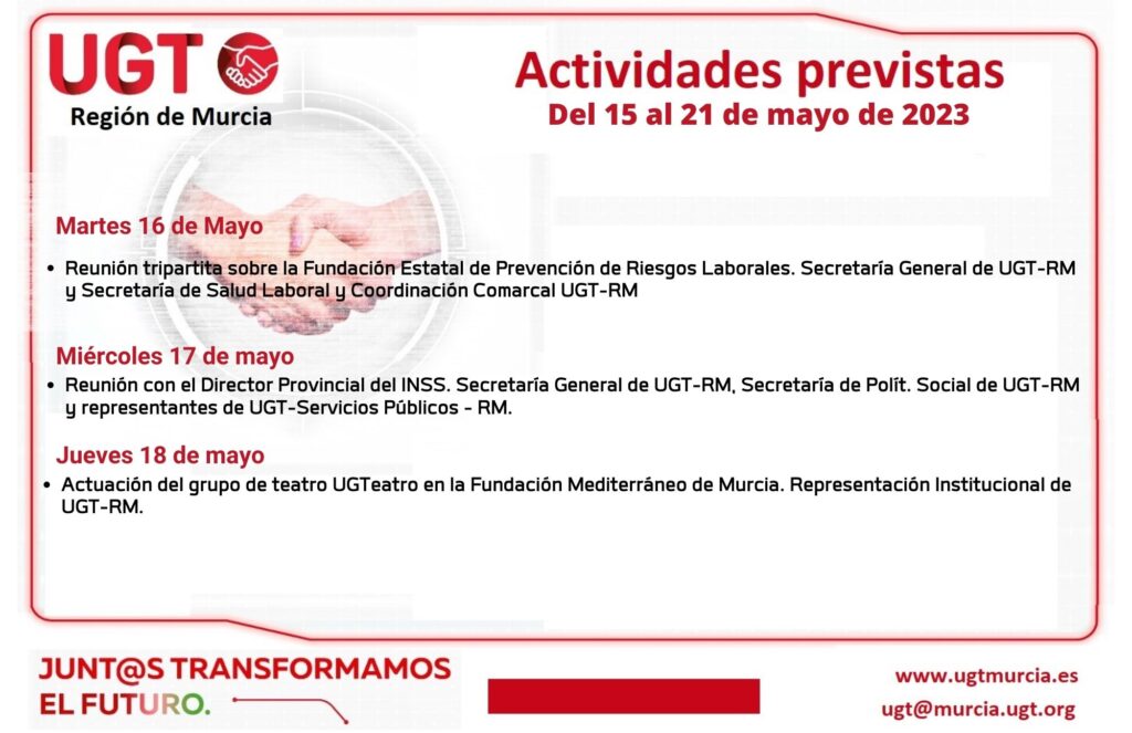 Previsiones informativas de la C.E.R. de UGT Reg.Murcia – del 15 al 21 de mayo de 2023