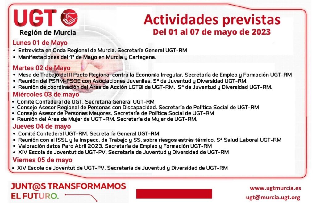 Previsiones informativas de @UGTMurcia – Semana del 01 al 07 de mayo de 2023
