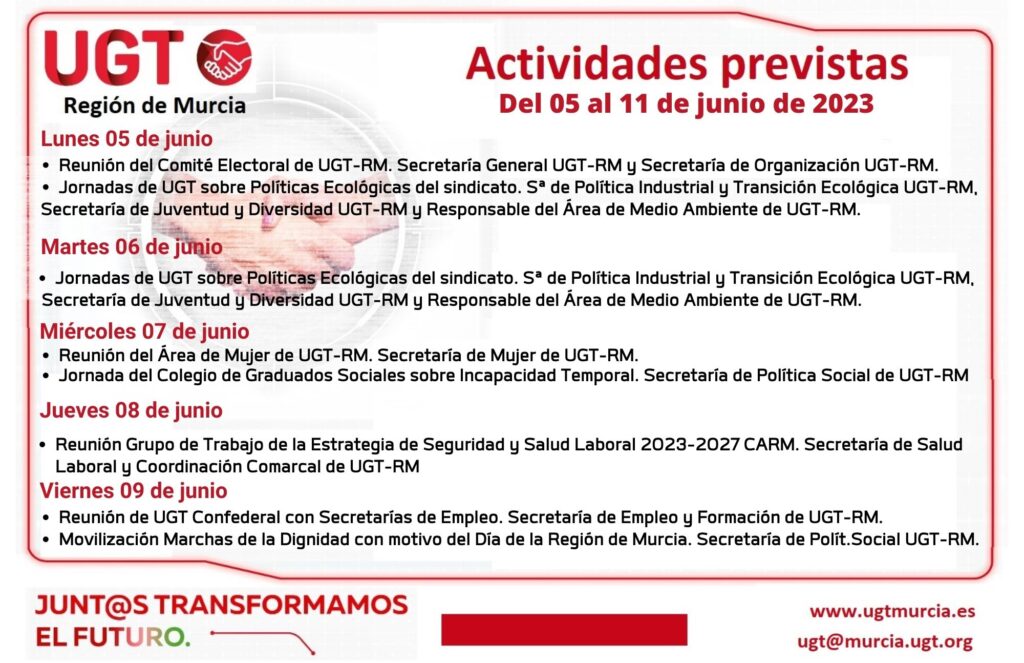 Actividades previstas por la C.E.R. de @UGTMurcia, del 05 al 11 de junio de 2023