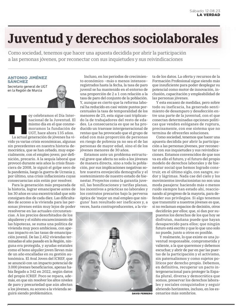 “Juventud y derechos sociolaborales” – Artículo de opinión de Antonio Jiménez, Secretario general de UGT Reg.Murcia