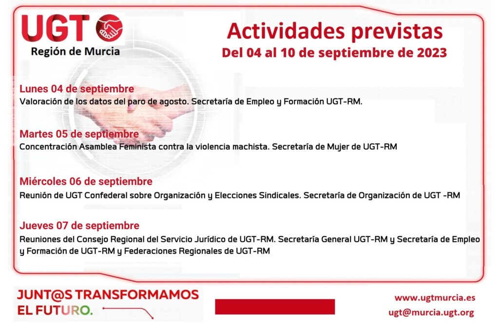 Actividades previstas por la Comisión Ejecutiva Regional de UGT-RM del 04 al 10 de septiembre 2023