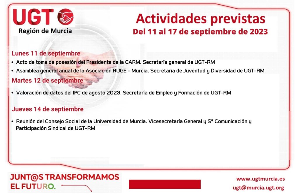 Actividades previstas por la C.E.R. de @UGTMurcia – Semana del 11 al 17 de septiembre de 2023