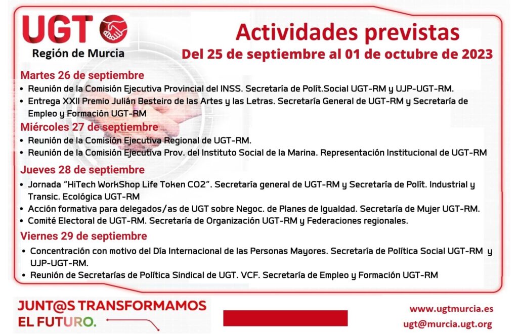 Actividades previstas por la Comisión Ejecutiva Regional de UGT Reg.Murcia, semana del 25 de septiembre al 01 de octubre de 2023
