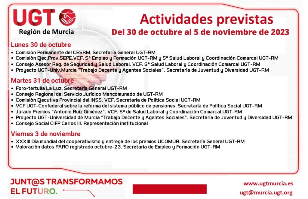 Actividades de la C.E.R. de UGT Reg.Murcia del 30 de octubre al 05 de noviembre de 2023
