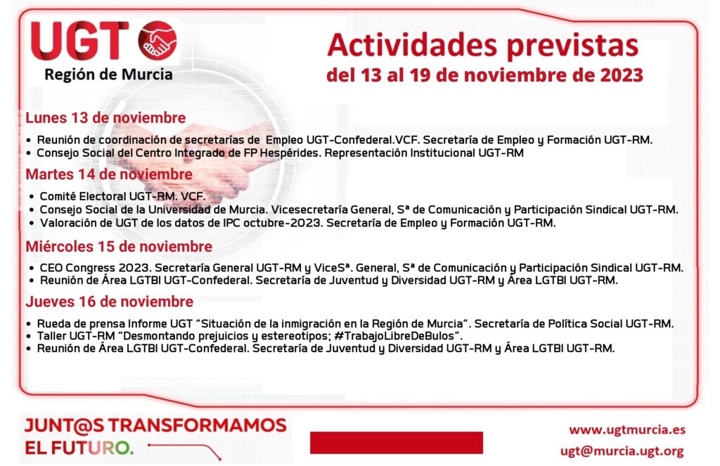 Actividades previstas de la Comisión Ejecutiva Regional de UGT-RM del 13 al 19 de noviembre de 2023
