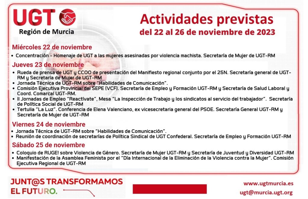 Actividades previstas por la C.E.R. de UGT Reg.Murcia – Del 22 al 26 de noviembre de 2023