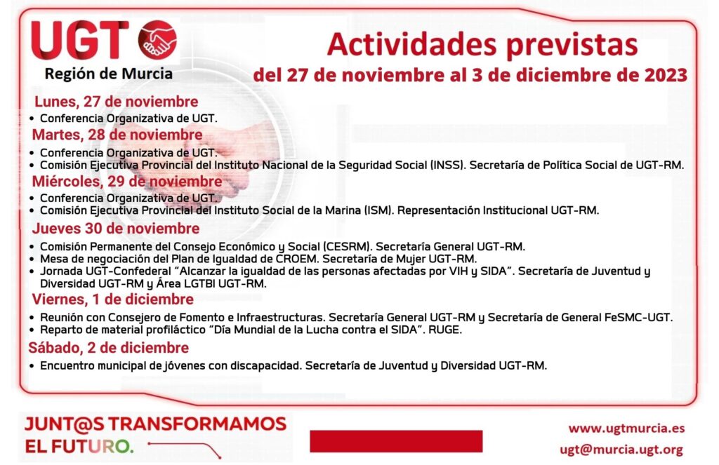 Actividades previstas de la Comisión Ejecutiva Regional de UGT-RM del 27 Nov. al 03 Dic. 2023