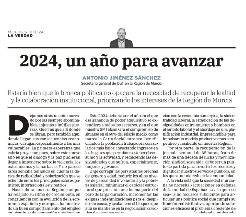 2024, un año para avanzar – Artículo de opinión de Antonio Jiménez, Secretario general de UGT Región de Murcia