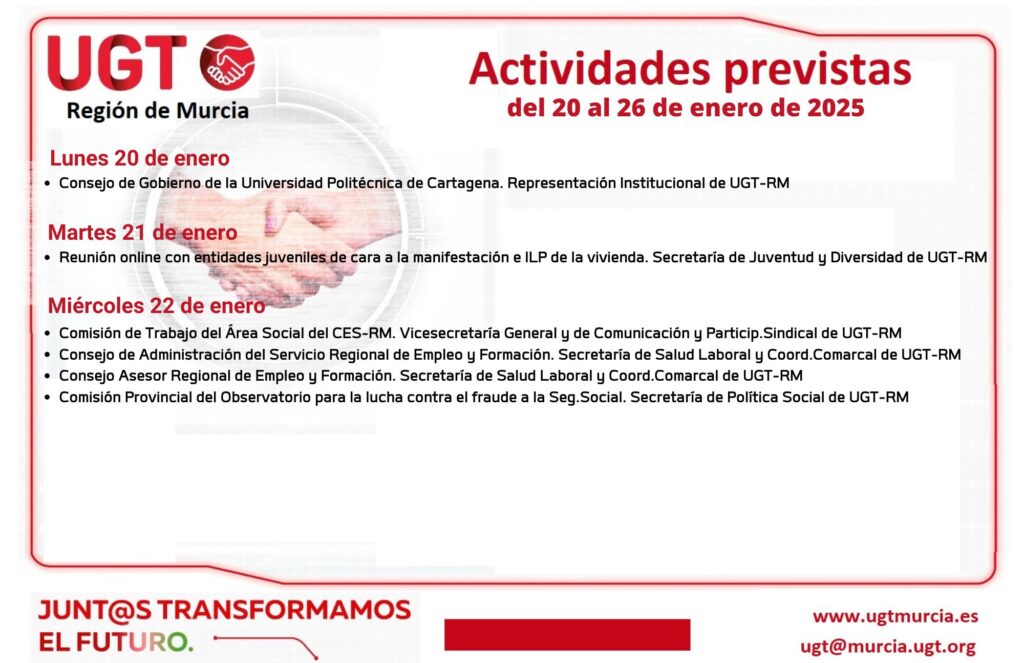 Previsiones informativas de la Comisión Ejecutiva Regional de UGT-RM – Semana del 20 al 26 de enero de 2025