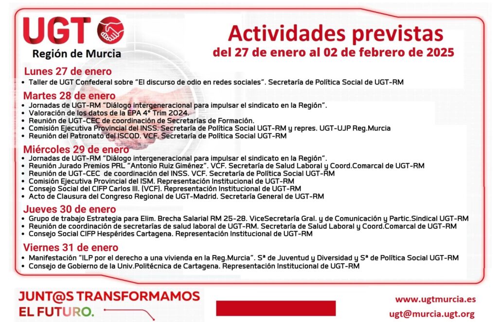 Previsiones Informativas de la Comisión Ejecutiva Regional de UGT Reg.Murcia – Semana del 27 de enero al 02 de febrero de 2025