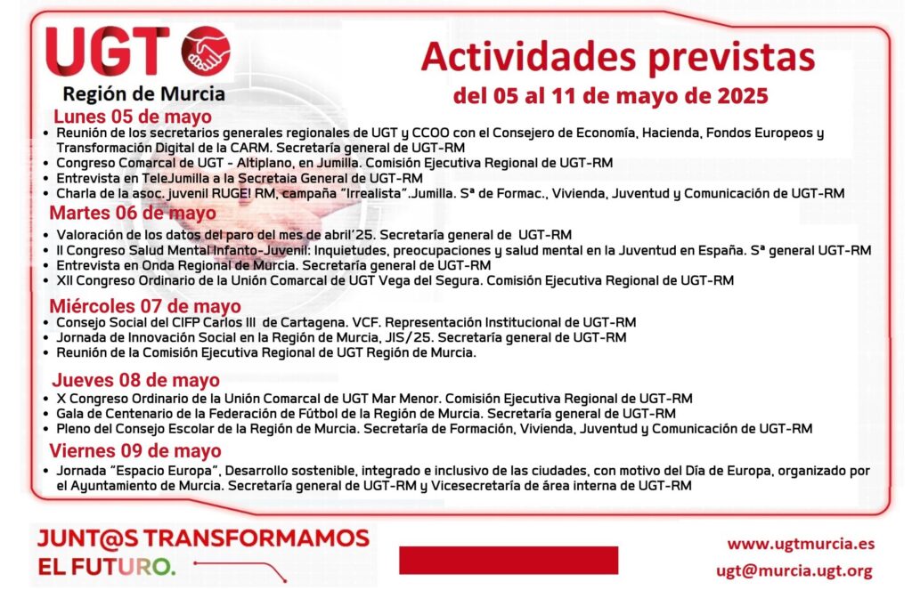 Previsiones Informativas de la Comisión Ejecutiva Regional de UGT-RM – Semana del 05 al 11 de mayo de 2025