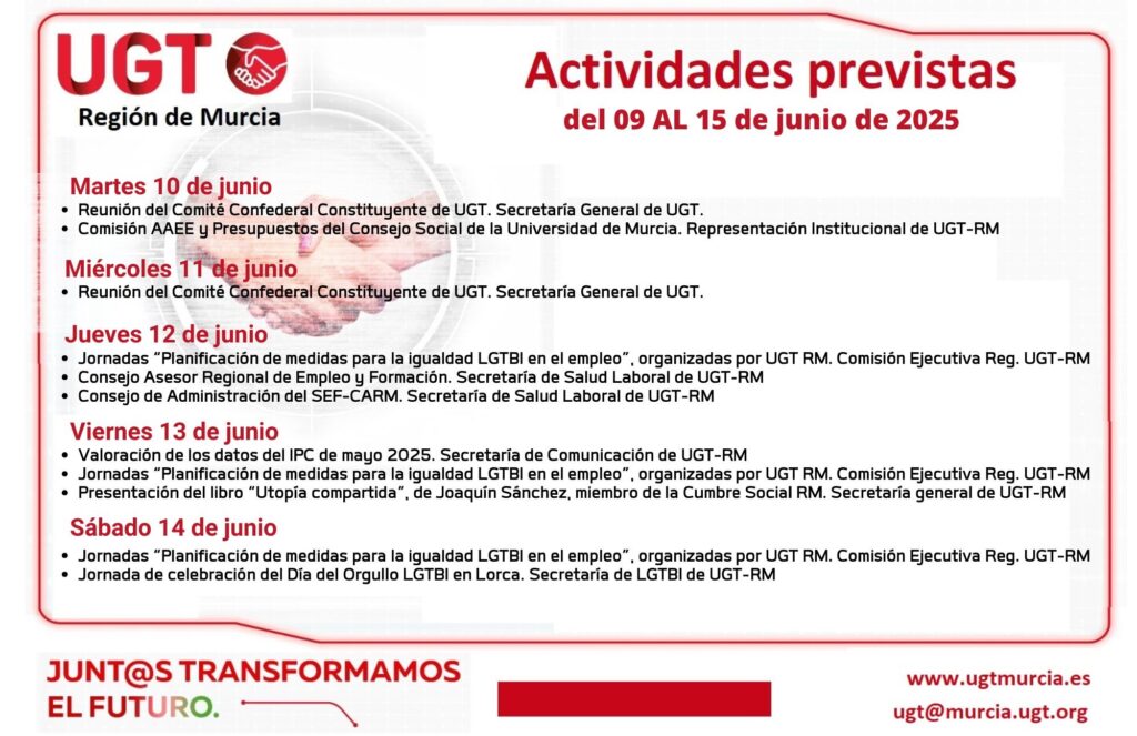 Actividades previstas de la Comisión Ejecutiva Regional de UGT-RM, Semana del 09 al 15  de junio de 2025