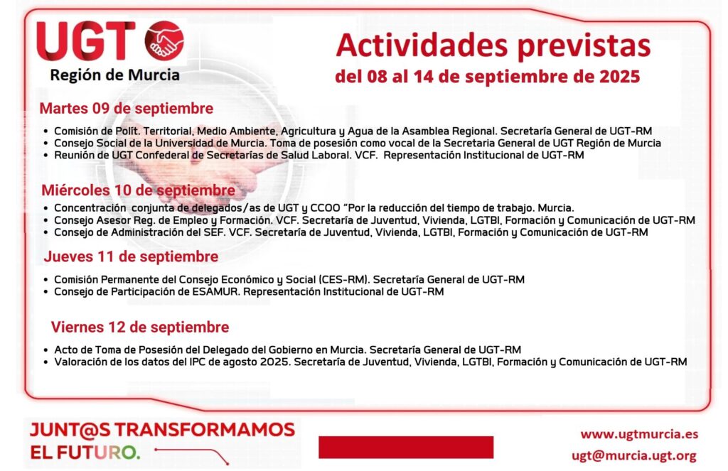 Actividades previstas por la Comisión Ejecutiva Regional de UGT-RM, semana del 08 al 14 de septiembre de 2025