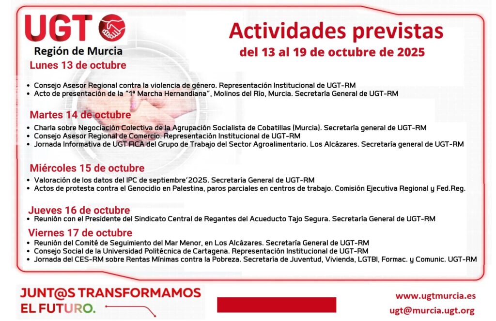 Actividades previstas de la Comisión Ejecutiva Regional de UGT-RM, Semana del 13 al 19 de octubre 2025