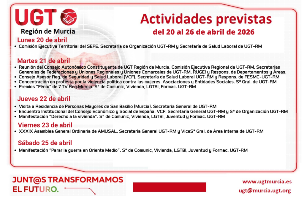 Previsiones informativas de la Comisión Ejecutiva Regional de UGT-RM, semana del 20 al 26 de abril de 2026
