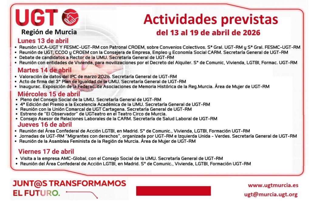 Actividades previstas por la Ejecutiva Regional de UGT, semana del 13 al 19 de abril de 2026