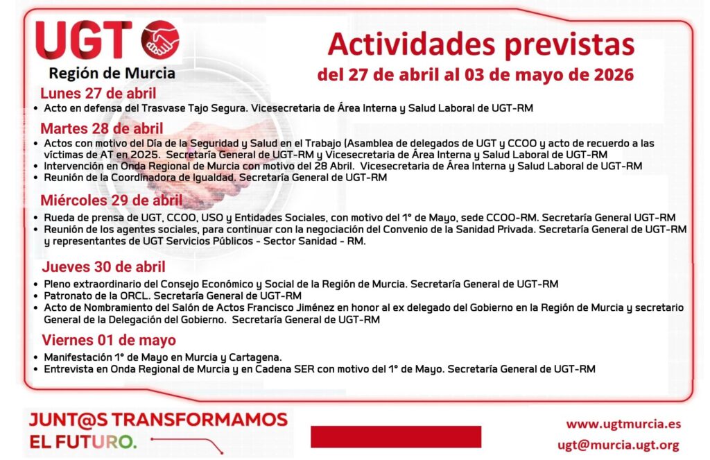 Previsiones Informativas de la Comisión Ejecutiva Regional de UGT-RM, semana del 27 de abril al 03 de mayo 2026