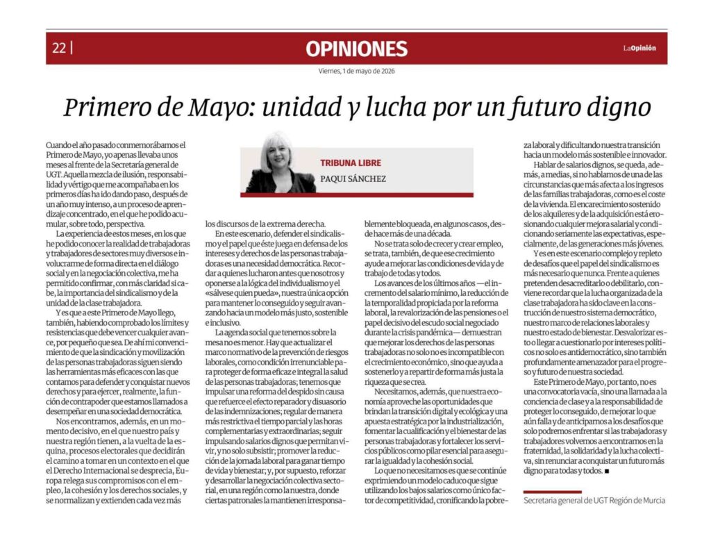 Primero de Mayo: unidad y lucha por un futuro digno – Paqui Sánchez, Secretaria General de UGT-RM