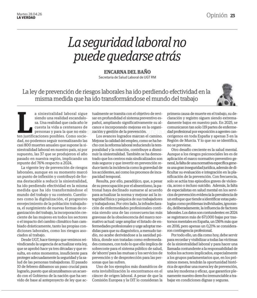 28 de Abril, Día de la Seguridad y Salud en el Trabajo – La seguridad laboral no puede quedarse atrás – Encarna del Baño Díaz