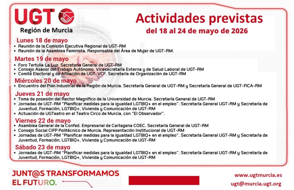Previsiones informativas de la Comisión Ejecutiva Regional de UGT-RM, semana del 18 al 24 de mayo de 2026