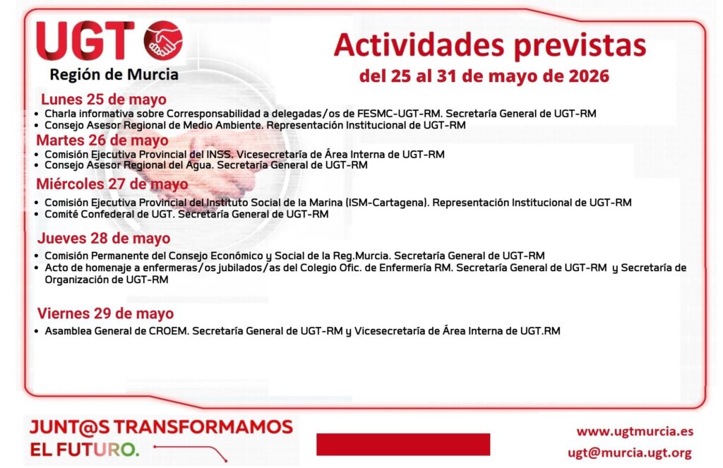 Previsiones Informativas de la Comisión Ejecutiva Regional de UGT-RM, semana del 25 al 31 de mayo de 2026
