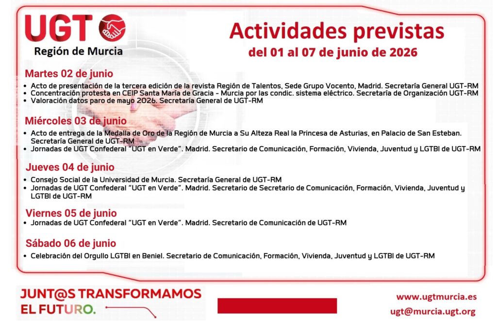 Previsiones Informativas de la Comisión Ejecutiva Regional de UGT-RM, Semana del 01 al 07 de junio de 2026