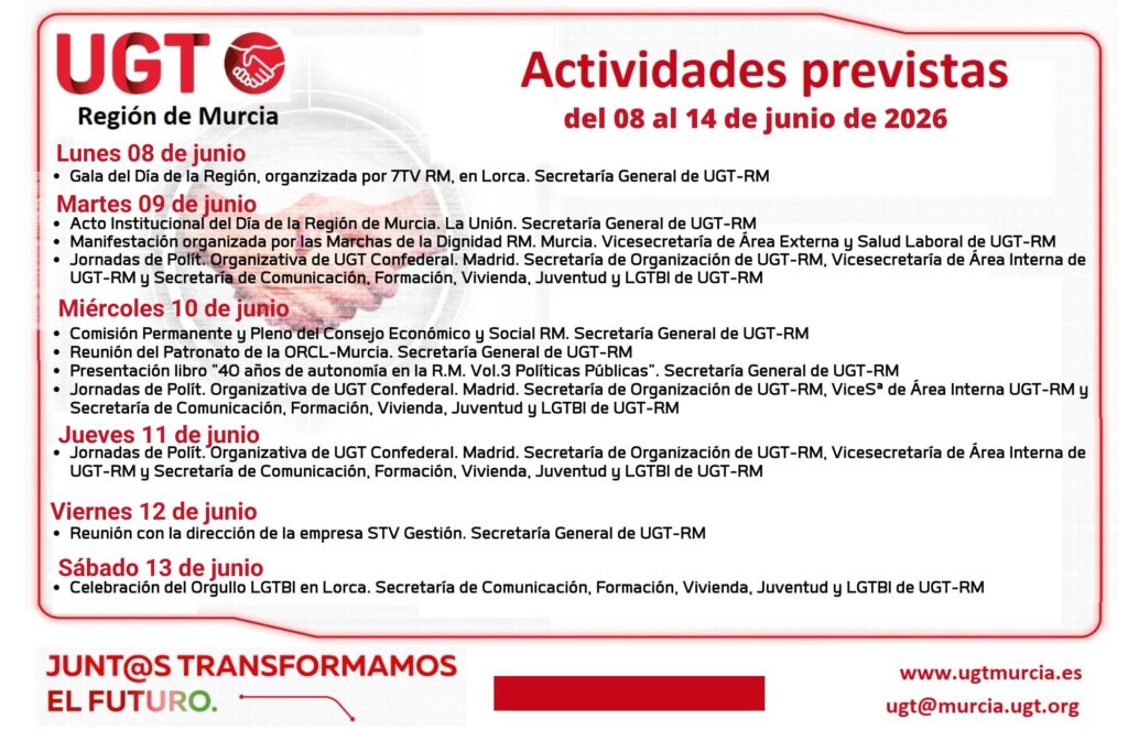 Previsiones Informativas de la Comisión Ejecutiva Regional de UGT-RM, semana del 08 al 14 de junio de 2026