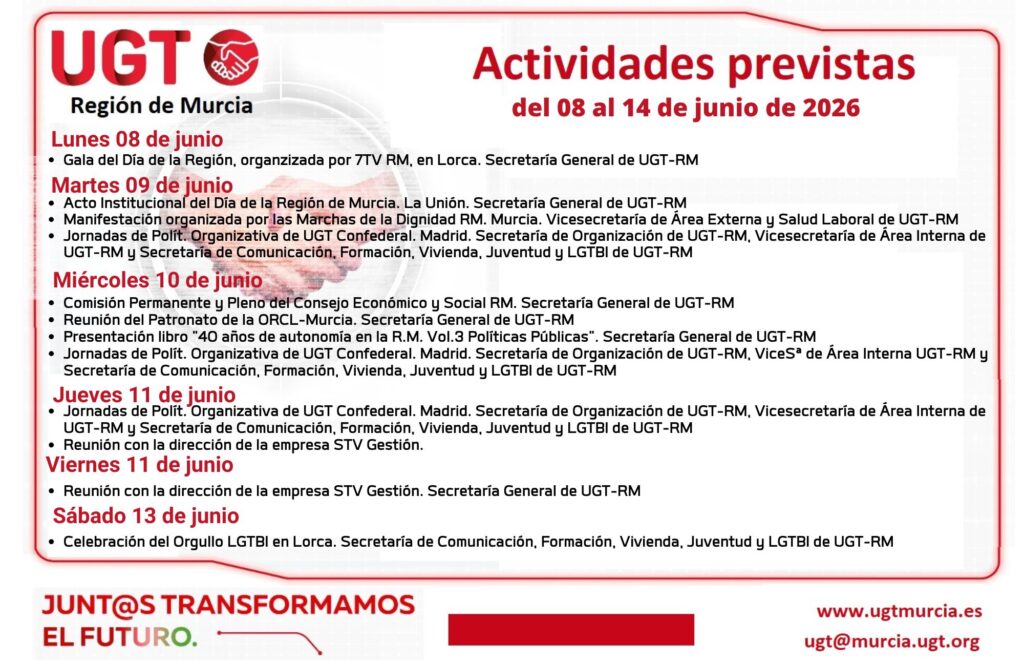 Previsiones Informativas de la Comisión Ejecutiva Regional de UGT-RM, semana del 08 al 14 de junio de 2026