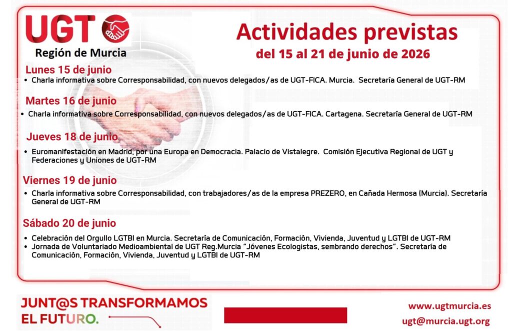 Previsiones Informativas de la Comisión Ejecutiva Regional de UGT-RM. Semana del 15 al 21 de junio de 2026