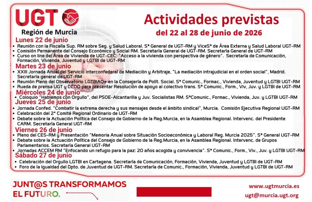 Previsiones Informativas de la Comisión Ejecutiva Regional de UGT-RM, Semana del 22 al 28 de junio de 2026
