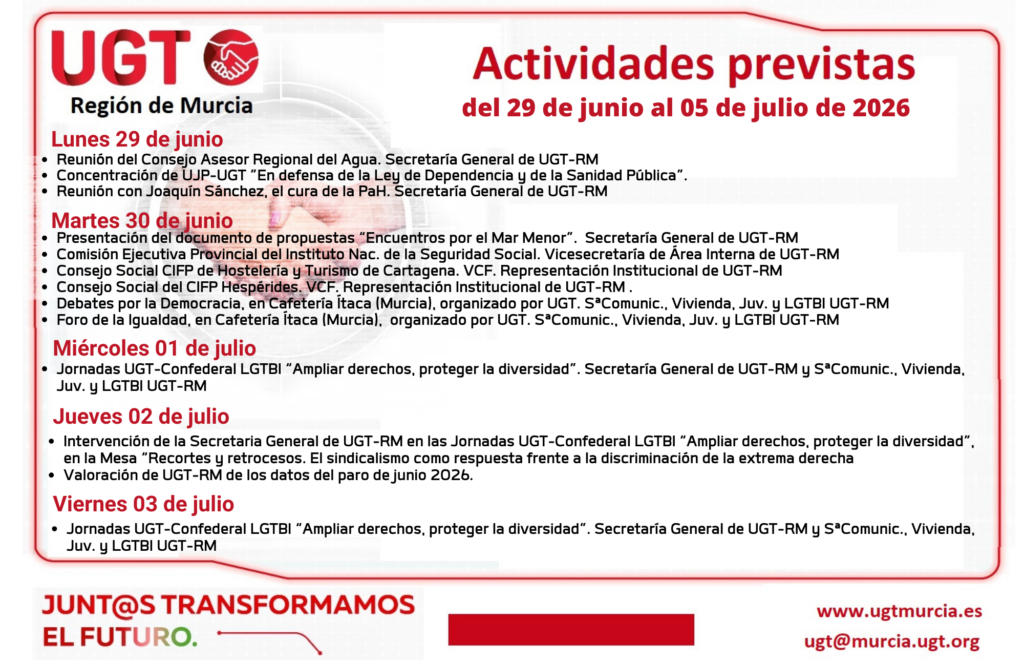 Previsiones Informativas de la C.E.R. de UGT Región de Murcia, semana del 29 de junio al 05 de julio de 2026