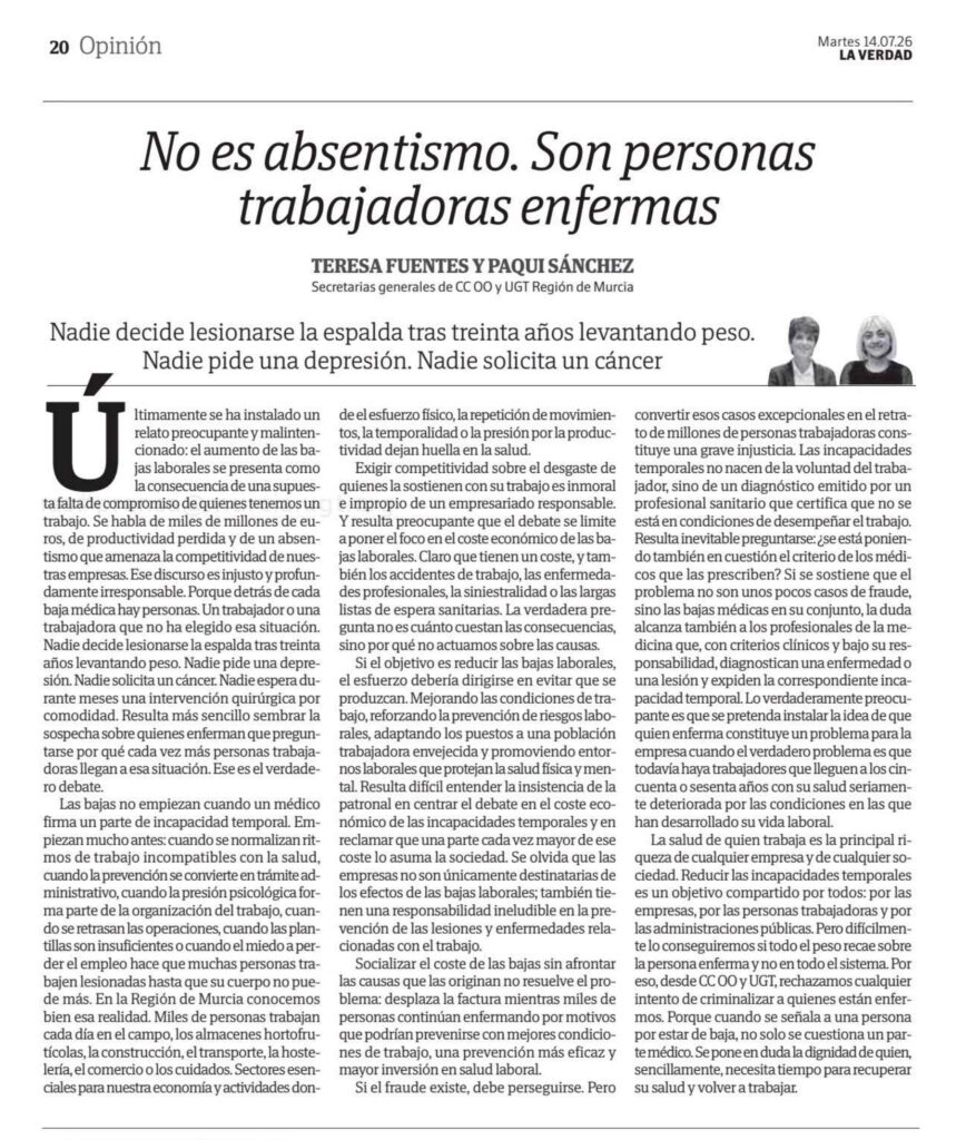 “No es absentismo. Son personas trabajadoras enfermas”