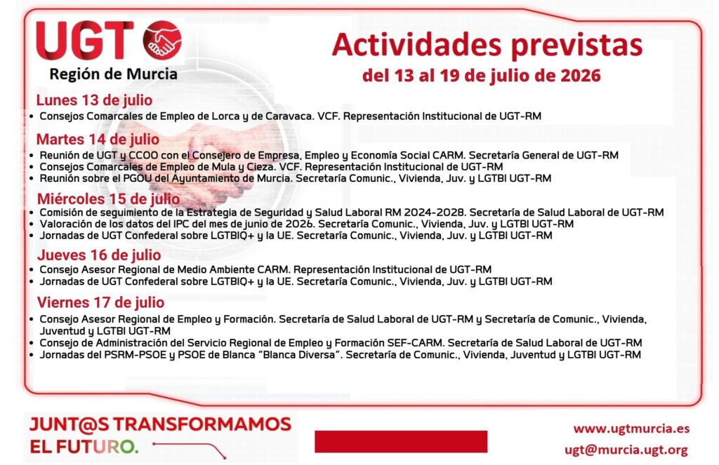 Previsiones Informativas de la Comisión Ejecutiva Regional de UGT-RM, semana del 13 al 19 de julio de 2026.