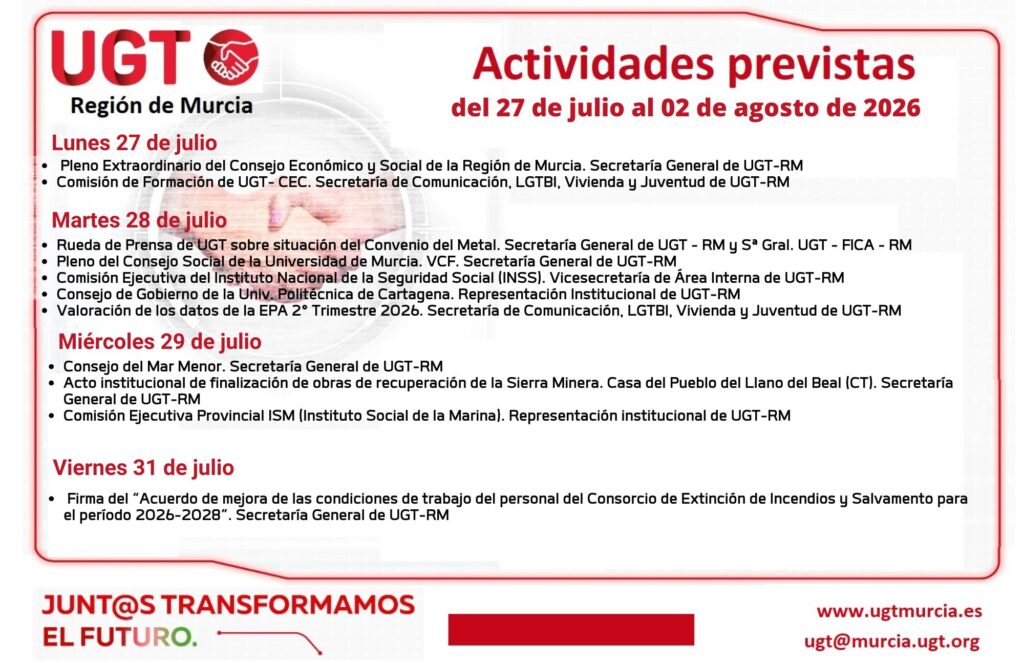 Previsiones Informativas de la Comisión Ejecutiva Regional de UGT-RM. Semana del 27 de julio al 02 de agosto de 2026