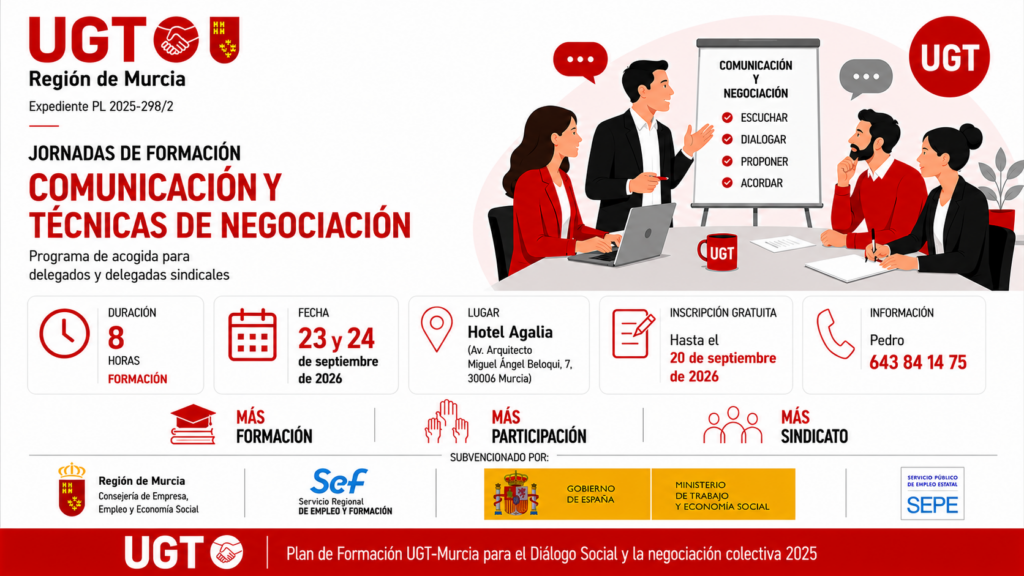 Curso delegados delegadas de UGT Región de Murcia: “Comunicación y Técnicas de Negociación”,  23 y 24 de septiembre 2026