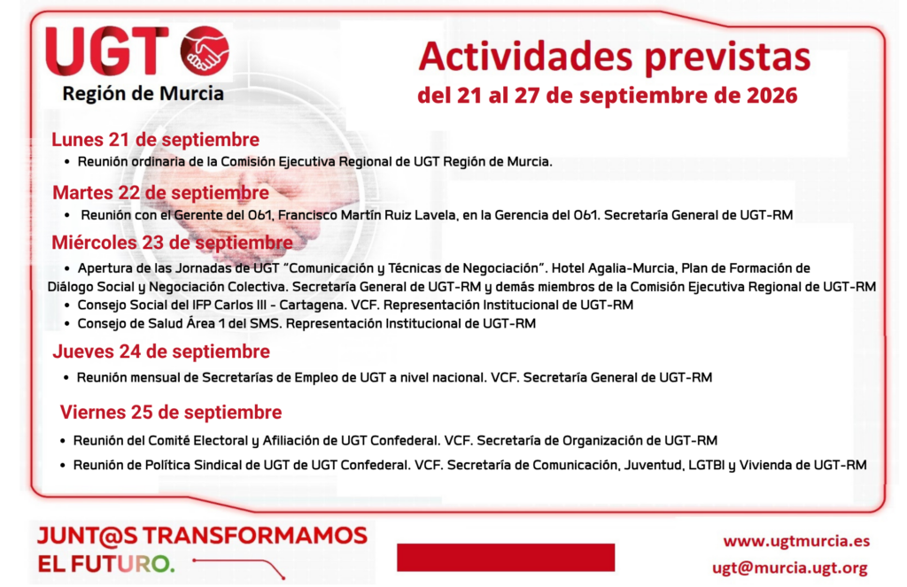 Previsiones Informativas de la Comisión Ejecutiva Regional de UGT-RM, semana del 21 al 27 de septiembre de 2026