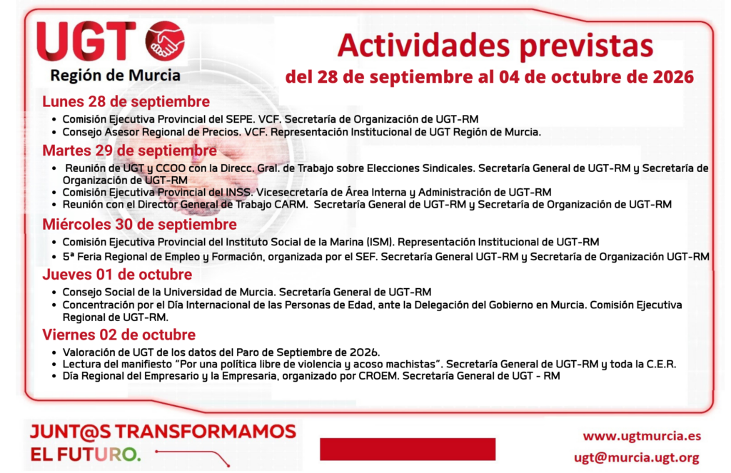 Previsiones Informativas de la Comisión Ejecutiva Regional de UGT-RM. Semana del 28/09 al 04/10/2026