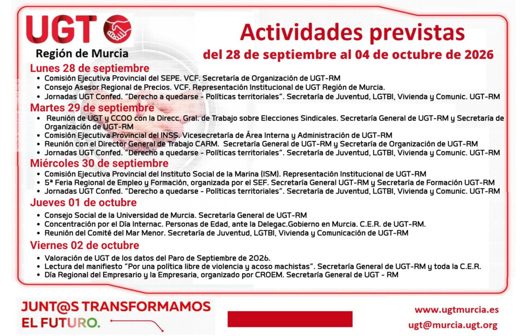 Previsiones Informativas de la Comisión Ejecutiva Regional de UGT-RM. Semana del 28/09 al 04/10/2026