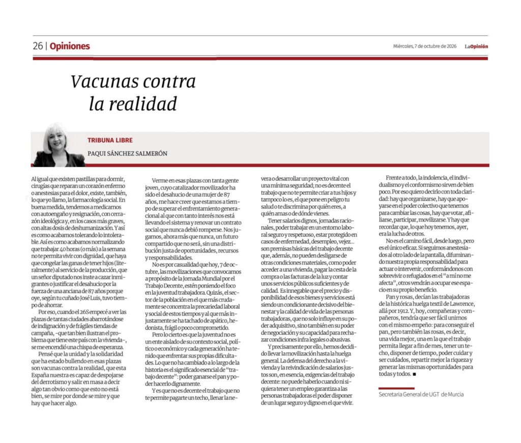 Vacunas contra la realidad – Artículo de opinión de Paqui Sánchez, Sº Gral. de UGT-RM,  La Opinión de Murcia 07-10-2026