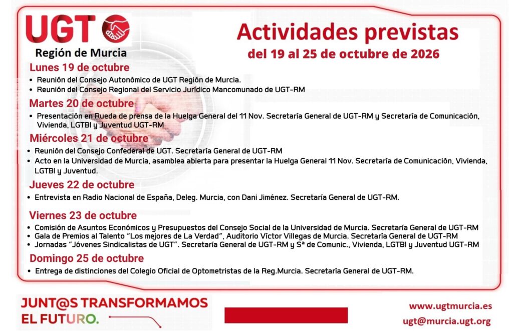 Actividades previstas de la Comisión Ejecutiva Regional de UGT-RM, semana del 12 al 18 de octubre de 2026