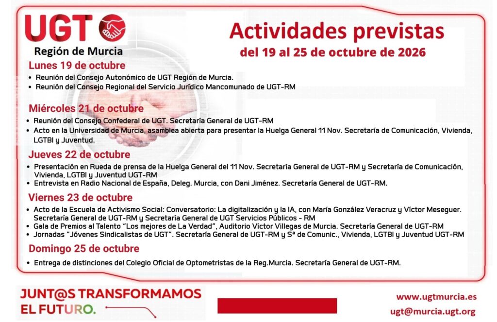 Actividades previstas de la Comisión Ejecutiva Regional de UGT-RM, semana del 19 al 25 de octubre de 2026