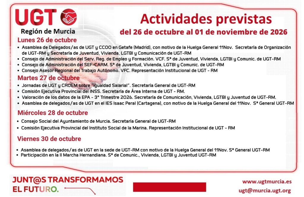 Actividades previstas por la Comisión Ejecutiva Regional de UGT-RM, semana del 26 octubre a 01 Noviembre 2026