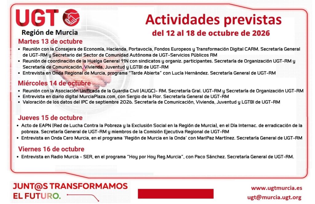 Previsiones Informativas de la Comisión Ejecutiva Regional de UGT-RM, del 12 al 18 de octubre de 2026